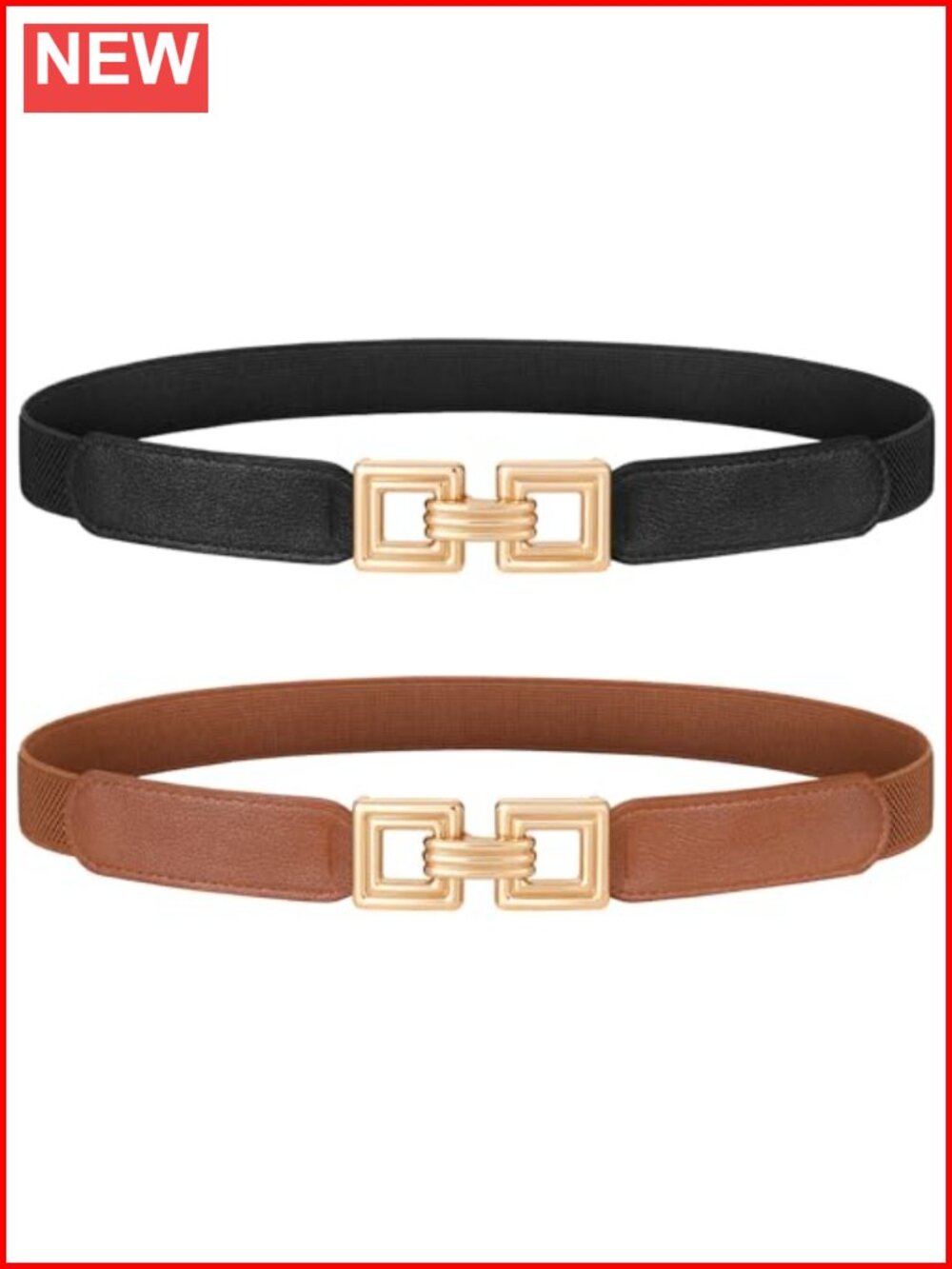2 Pack Women's Skinny Stretchy Elastic Cinch Belt with Retro Gold Buckle